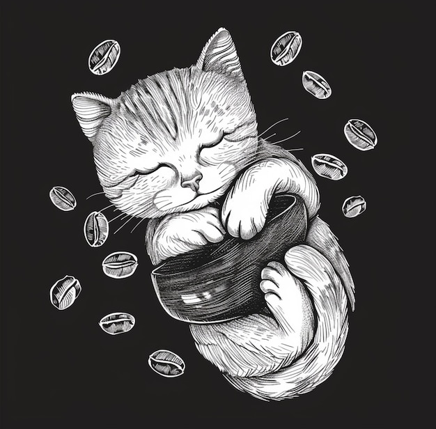 piccolo gatto accogliente doodle abbracciare il grande chicco di caffè con piccoli chicchi di caffè una linea d'arte