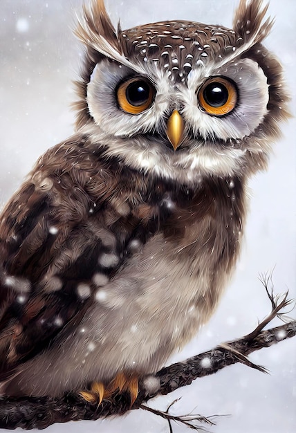 Piccolo gufo carino nella neve illustrazione del gufo carino nel paesaggio di natale