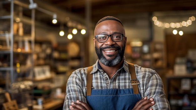 Piccolo imprenditore di successo in piedi con le braccia incrociate con il suo caffè alla moda sullo sfondo creato con la tecnologia Generative AI