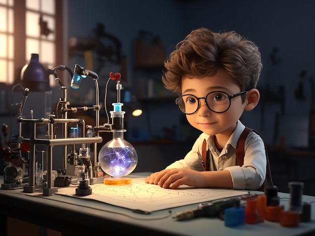 piccolo inventore ragazzo che esegue un esperimento scientifico nel suo laboratorio di rendering 3D