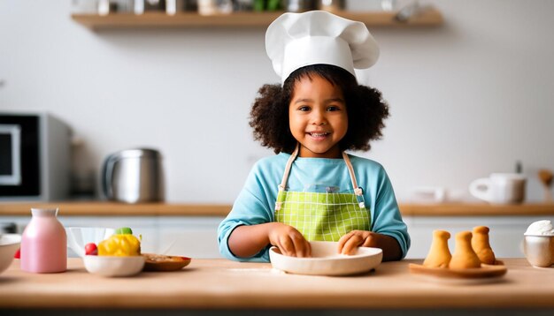 Piccolo maestro culinario Piccolo cuoco in grembiule e cappello da cuoco che prepara deliziose prelibatezze culinarie