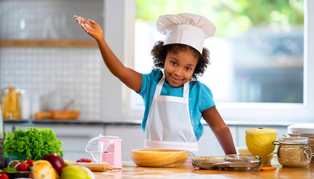 Piccolo maestro culinario Piccolo cuoco in grembiule e cappello da cuoco che prepara deliziose prelibatezze culinarie