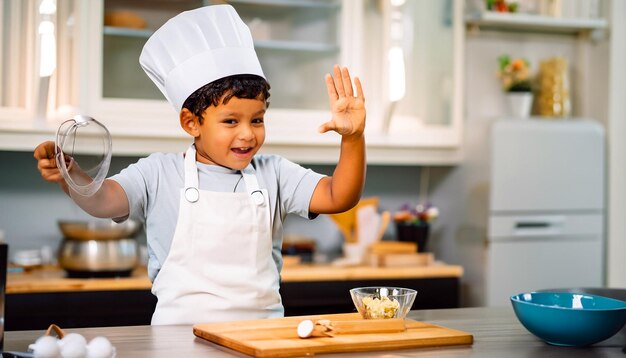 Piccolo maestro culinario Piccolo cuoco in grembiule e cappello da cuoco che prepara deliziose prelibatezze culinarie