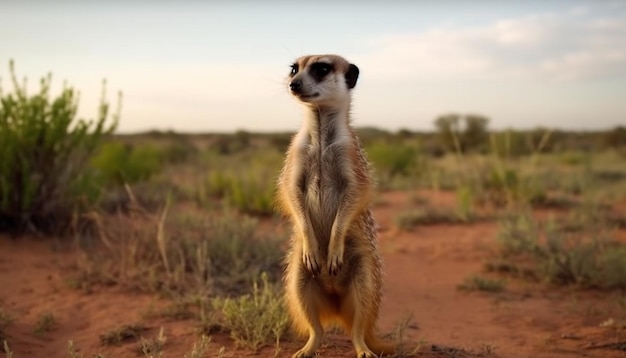 Piccolo meerkat in piedi attento a guardare la bellezza della natura generata dall'intelligenza artificiale