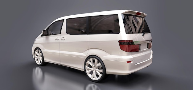 Piccolo minivan bianco per il trasporto di persone su uno sfondo grigio lucido 3d rendering