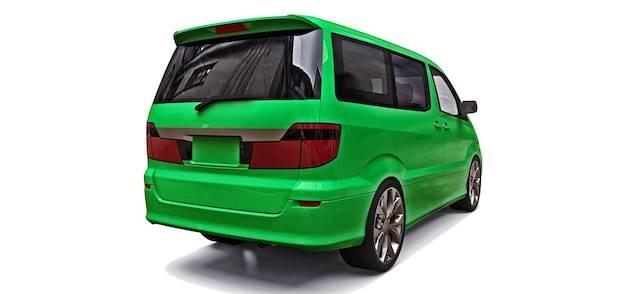 Piccolo minivan verde per il trasporto di persone su uno sfondo bianco 3d rendering