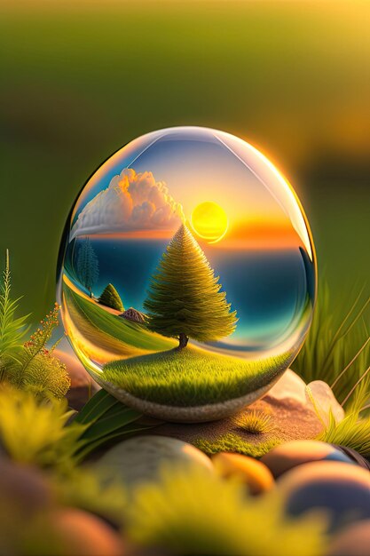 Piccolo mondo in una biglia di vetro in un campo in erba all'ora d'oro