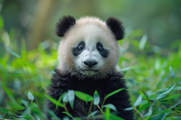 Piccolo orso panda seduto nell'erba