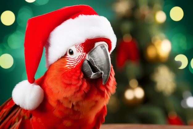 Piccolo pappagallo festivo che indossa un cappello di Babbo Natale
