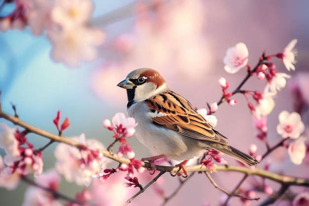 Piccolo passero nel giardino primaverile con l'albero in fiore Giornata mondiale del passero