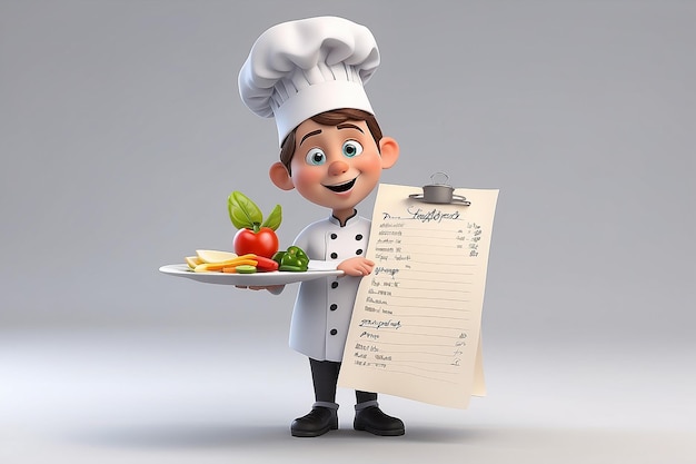 Piccolo personaggio umano 3D lo chef con una lista per ricette o menu di shopping