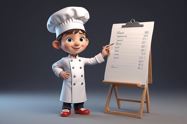 Piccolo personaggio umano 3D lo chef con una lista per ricette o menu di shopping