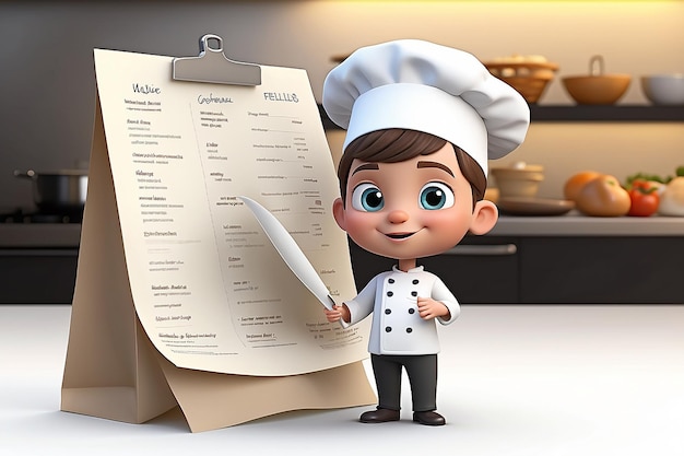 Piccolo personaggio umano 3D lo chef con una lista per ricette o menu di shopping