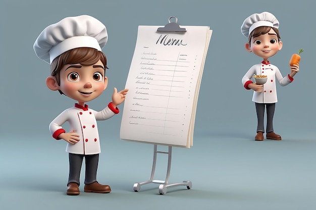 Piccolo personaggio umano 3D lo chef con una lista per ricette o menu di shopping