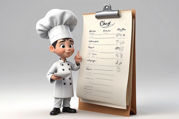 Piccolo personaggio umano 3D lo chef con una lista per ricette o menu di shopping