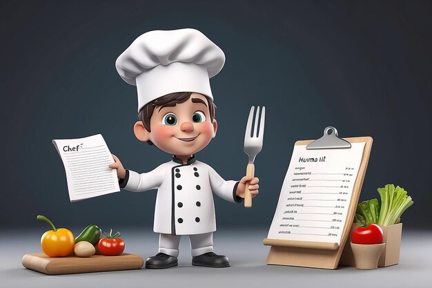 Piccolo personaggio umano 3D lo chef con una lista per ricette o menu di shopping