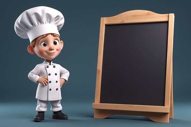 Piccolo personaggio umano 3D lo chef con uno spazio vuoto sul menu board per copiare