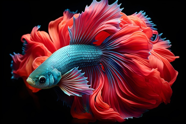 Piccolo pesce betta dai colori vivaci isolato sfondo nero Generativo A