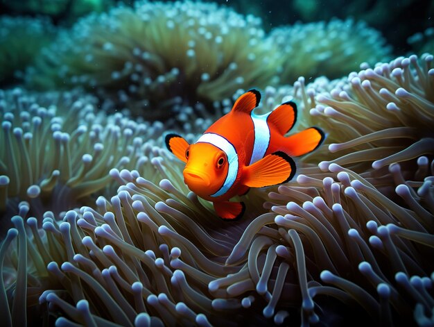 Piccolo pesce pagliaccio carino nella barriera corallina