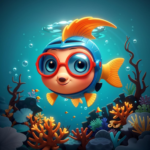 Piccolo pesce subacqueo con snorkel nell'oceano cartone animato icona vettoriale illustrazione animale icona della natura isolata