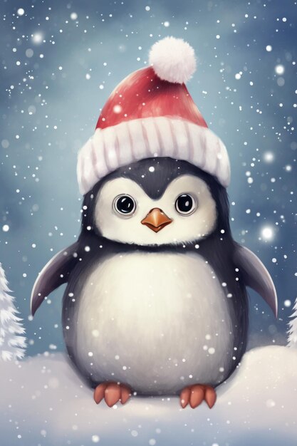 Piccolo pinguino con un cappello illustrazione di una foresta invernale atmosfera natalizia