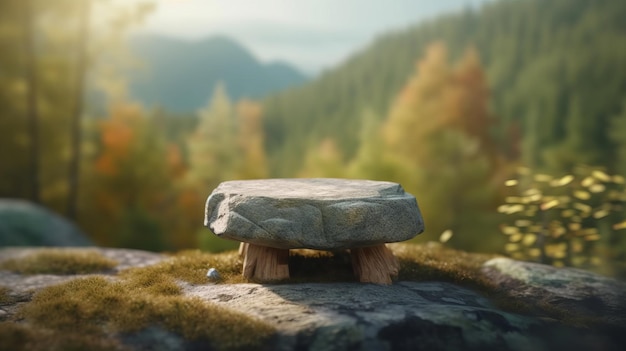 Piccolo podio piatto in pietra su piattaforma rocciosa Presentazione del prodotto mockup montagne paesaggio AI generato