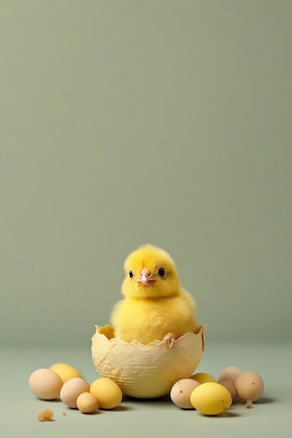Piccolo pollo giallo carino e uova di Pasqua su sfondo grigio