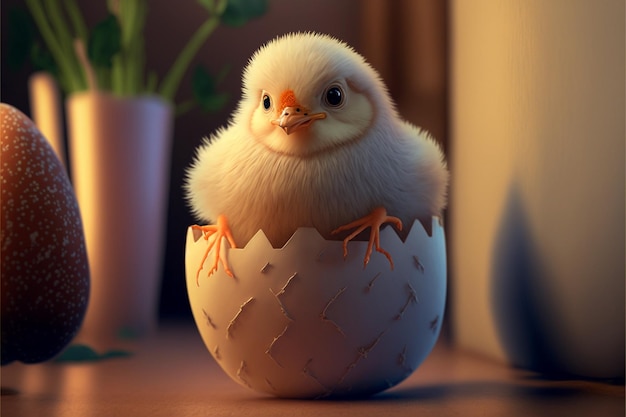 Piccolo pollo seduto all'interno di un uovo ai generativo