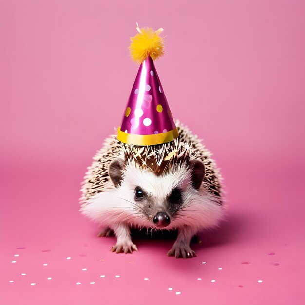 Piccolo porcospino con cappello di palloncini colorati in una festa di compleanno isolato su sfondo rosa