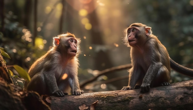 Piccolo primate seduto su un albero che mangia frutta generata dall'intelligenza artificiale