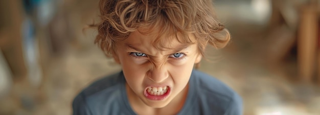 Piccolo ragazzino che mostra aggressività e una grimace di rabbia