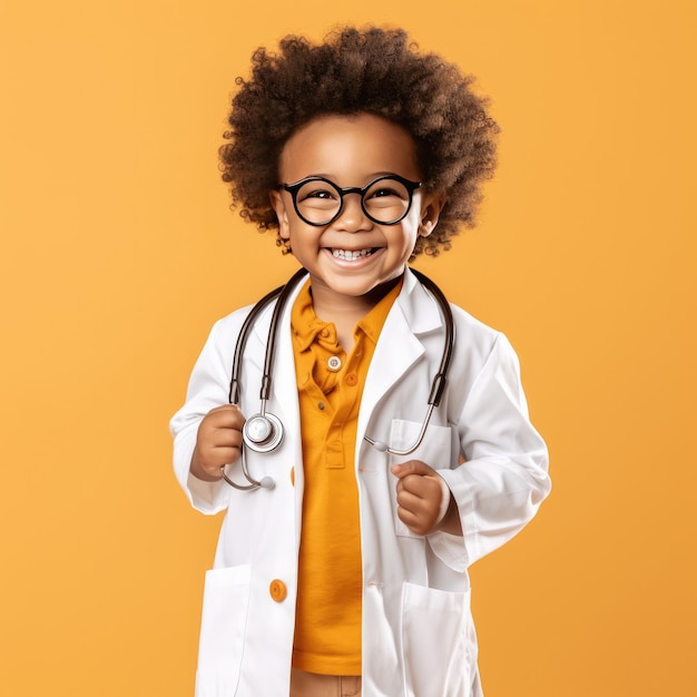 Piccolo ragazzo afroamericano carino che indossa un'uniforme medica e occhiali generativi.