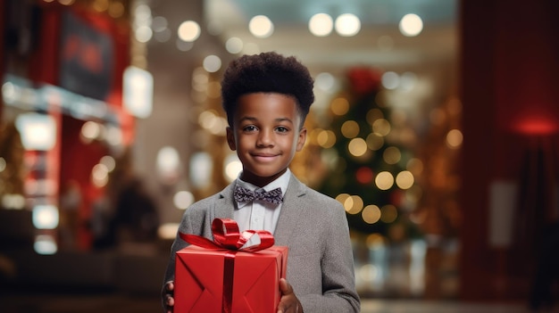 Piccolo ragazzo afroamericano con un regalo di Natale sullo sfondo dell'albero di Natale nel centro commerciale