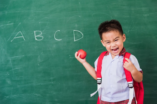 Piccolo ragazzo bambino dalla scuola materna in uniforme da studente con la borsa di scuola tenere la mela rossa