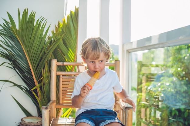 Piccolo ragazzo biondo sveglio che mangia un gelato fatto in casa che si siede su una sedia di legno in una terrazza