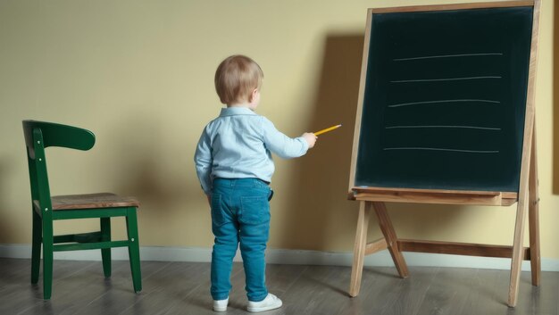 Piccolo ragazzo carino che disegna sulla lavagna a casa concetto di istruzione