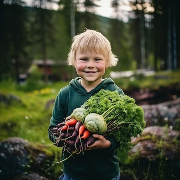 Piccolo ragazzo carino che tiene un mucchio di verdure fresche nella foresta