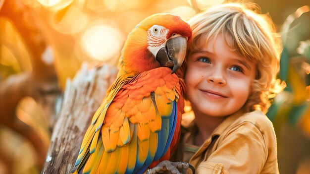 Piccolo ragazzo carino con un pappagallo macao sullo sfondo della natura