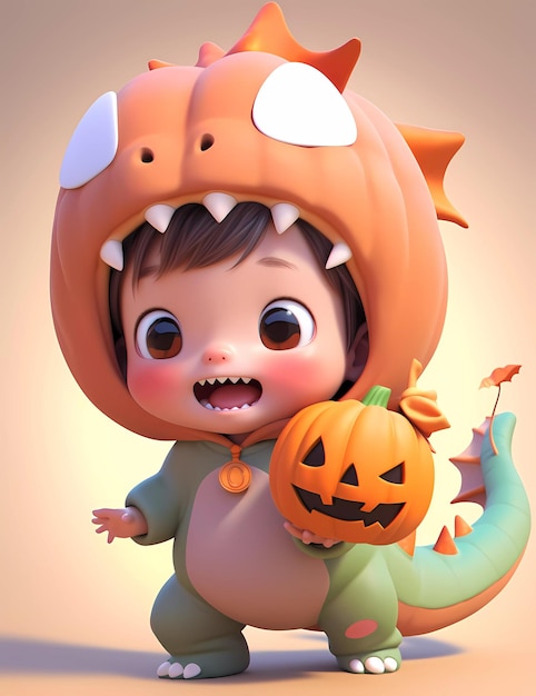 Piccolo ragazzo carino in 3D con un costume di dinosauro divertente con il tema di Halloween