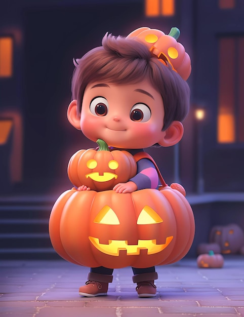 Piccolo ragazzo carino in 3D con un costume di mostro divertente con un tema di Halloween