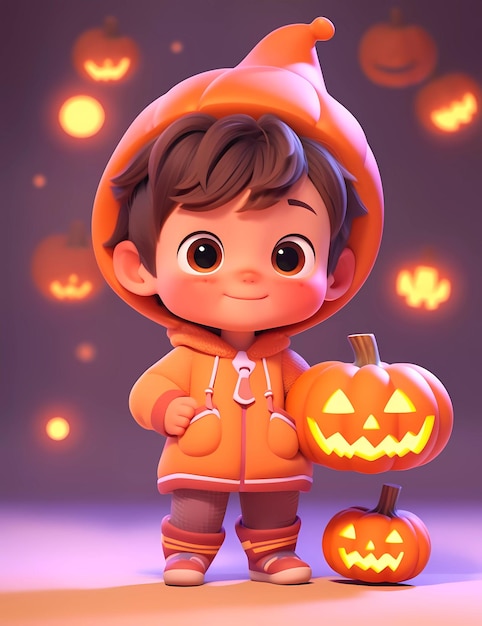 Piccolo ragazzo carino in 3D con un costume di mostro divertente con un tema di Halloween