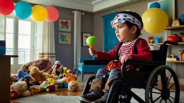 Piccolo ragazzo carino in sedia a rotelle che gioca con palloncini colorati a casa