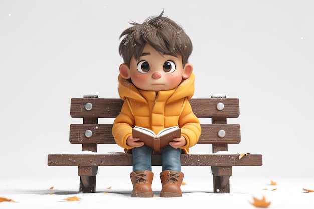 Piccolo ragazzo cartoon seduto su una panchina con la lettura di un libro primo piano estremo AI generativa