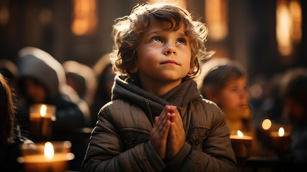 Piccolo ragazzo che prega nella chiesa