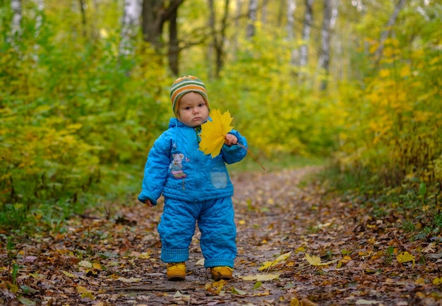 Piccolo ragazzo europeo con una foglia d'acero gialla nella foresta di autunno