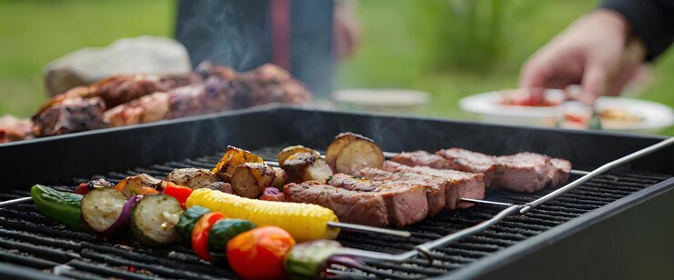 Piccolo RECANGLE Nuovo barbecue sul cortile sul retro Carne e verdure cucinate sulla griglia