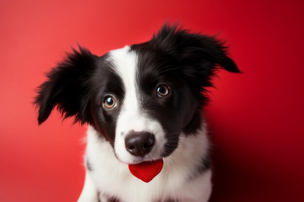 Piccolo ritratto di studio di un cucciolo di Border collie con uno sfondo di cuore