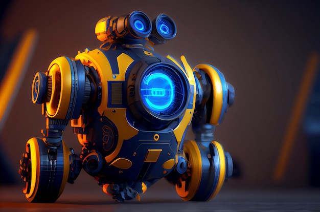 Piccolo robot giallo e blu su sfondo scuro