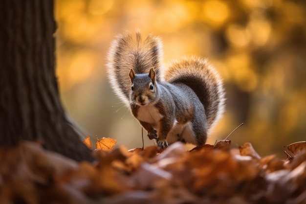 Piccolo scoiattolo che salta tra le foglie d'autunno generativo IA