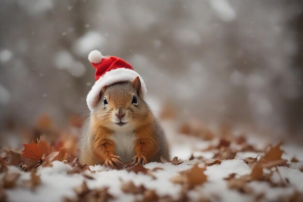 Piccolo scoiattolo con il cappello rosso di Babbo Natale sullo sfondo della nevicata